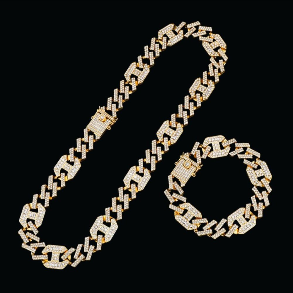 Prong Cuban Link Chain Choker Necklace Bracelet Set